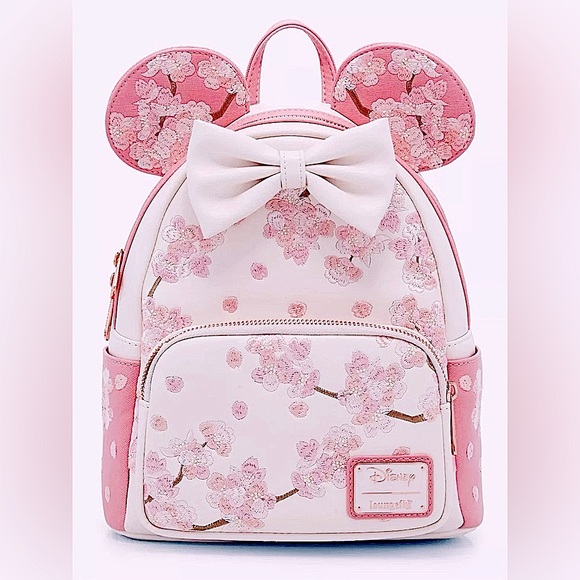 New LOUNGEFLY Disney Japan Minnie Mouse Pink & White CHERRY BLOSSOM Backpack Bag - Picture 1 of 7